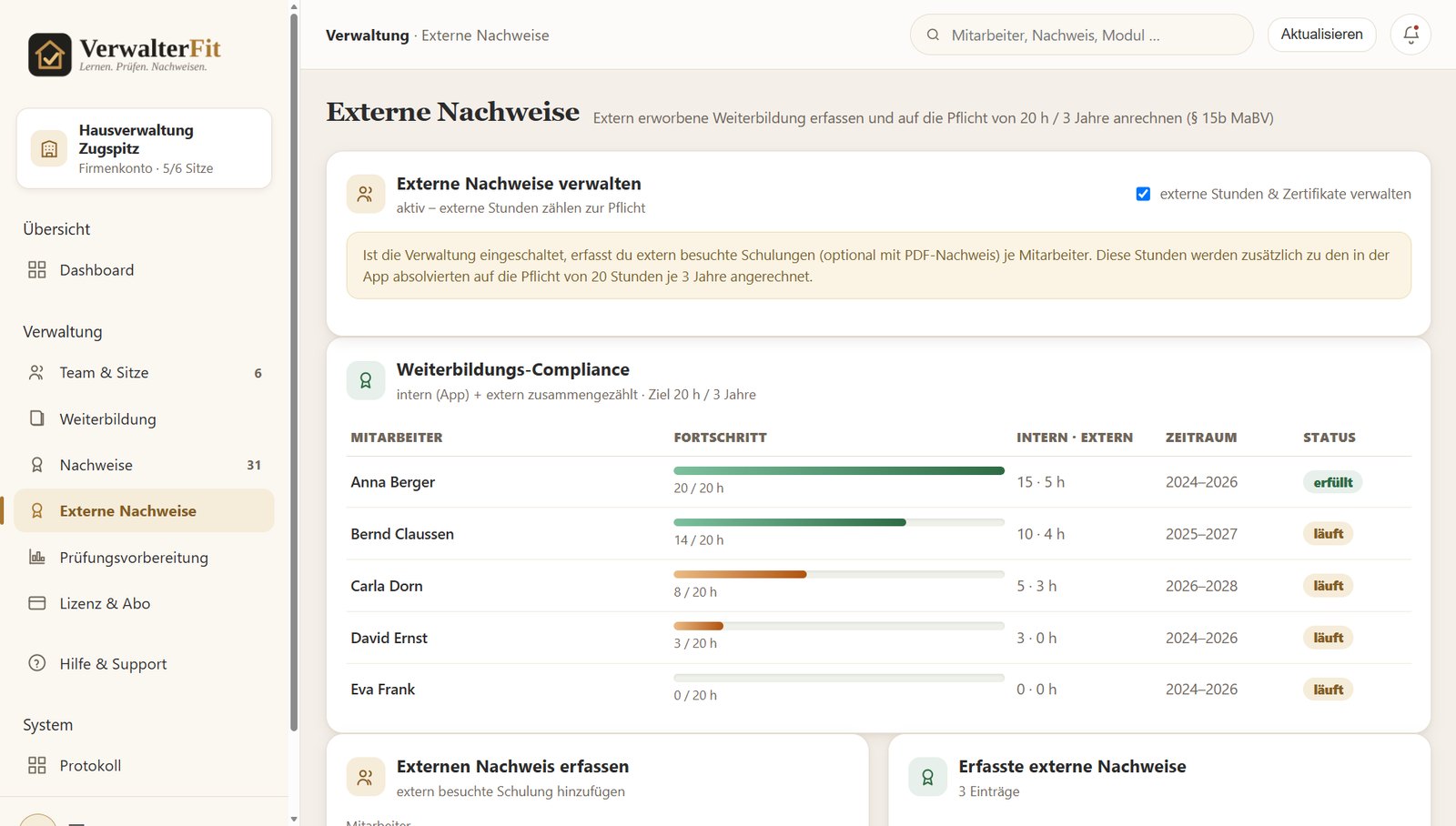 VerwalterFit Business: Externe Nachweise erfassen und mit den Stunden aus der App zusammenrechnen (Demo-Daten)