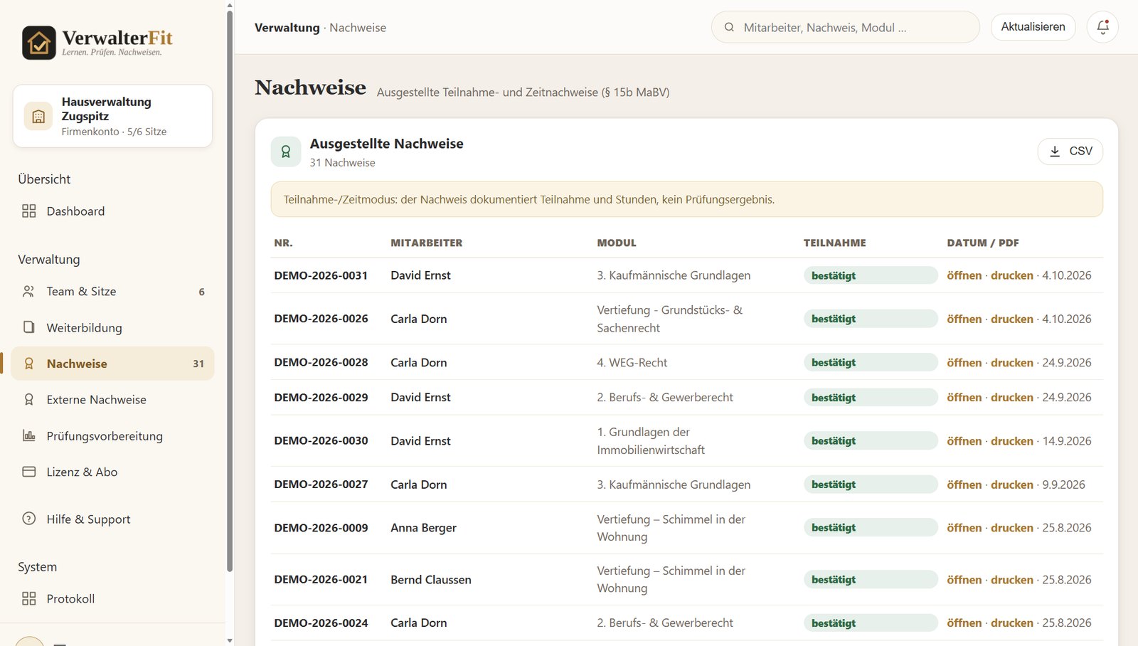VerwalterFit Business: Liste der ausgestellten Teilnahme- und Zeitnachweise mit Öffnen, Drucken und CSV-Export (Demo-Daten)