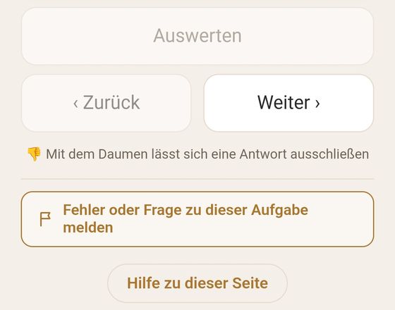 Unter der Übungsfrage: Button „Fehler oder Frage zu dieser Aufgabe melden“