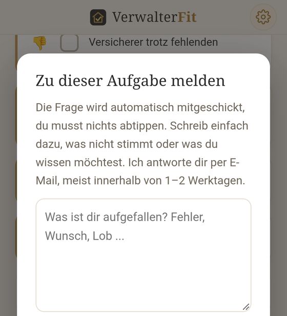 Maske „Zu dieser Aufgabe melden“ mit Textfeld