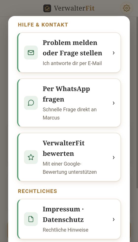 Zahnrad-Menü mit dem Bereich Hilfe und Kontakt